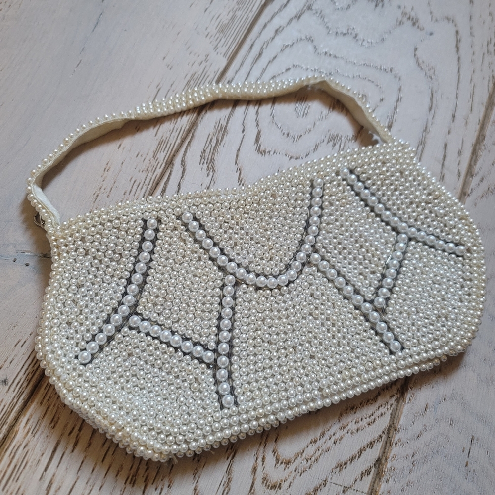 Vintage 50s Pearl Beaded Made In JAPAN Evening Bag Clutch - Picture 2 of 12